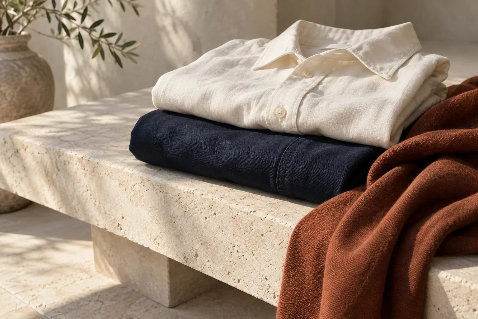 Imagined ivory, navy and rust fabric styling study. Campaign concept, not merchandise.
