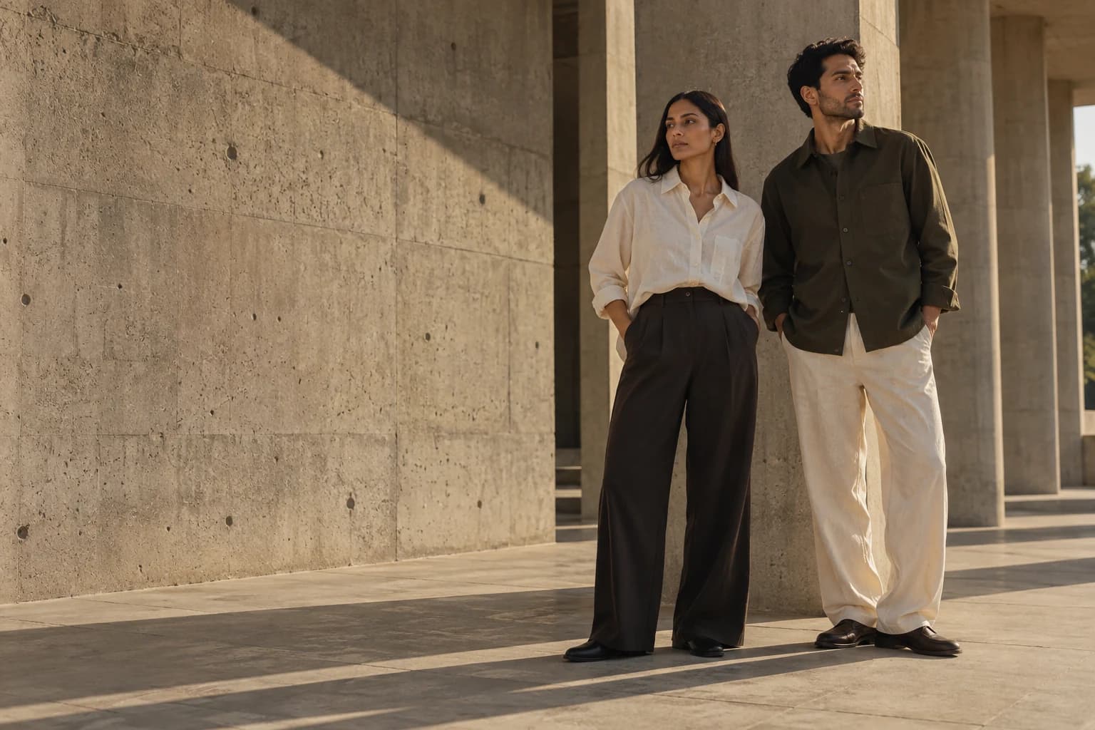 Adult models in relaxed ivory and olive separates against modern concrete architecture. Campaign concept.
