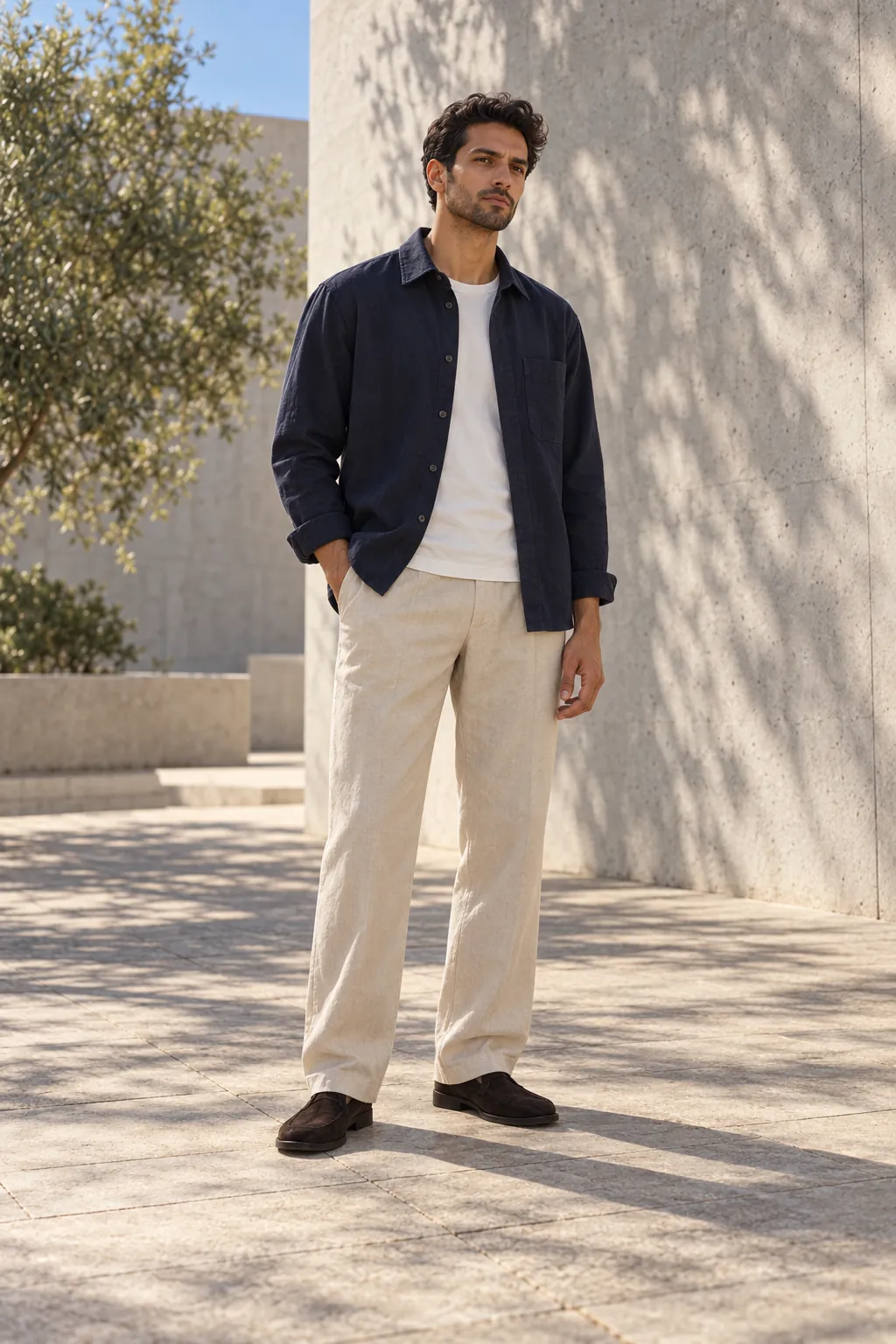 Adult male campaign model in navy and stone separates. AI campaign concept.