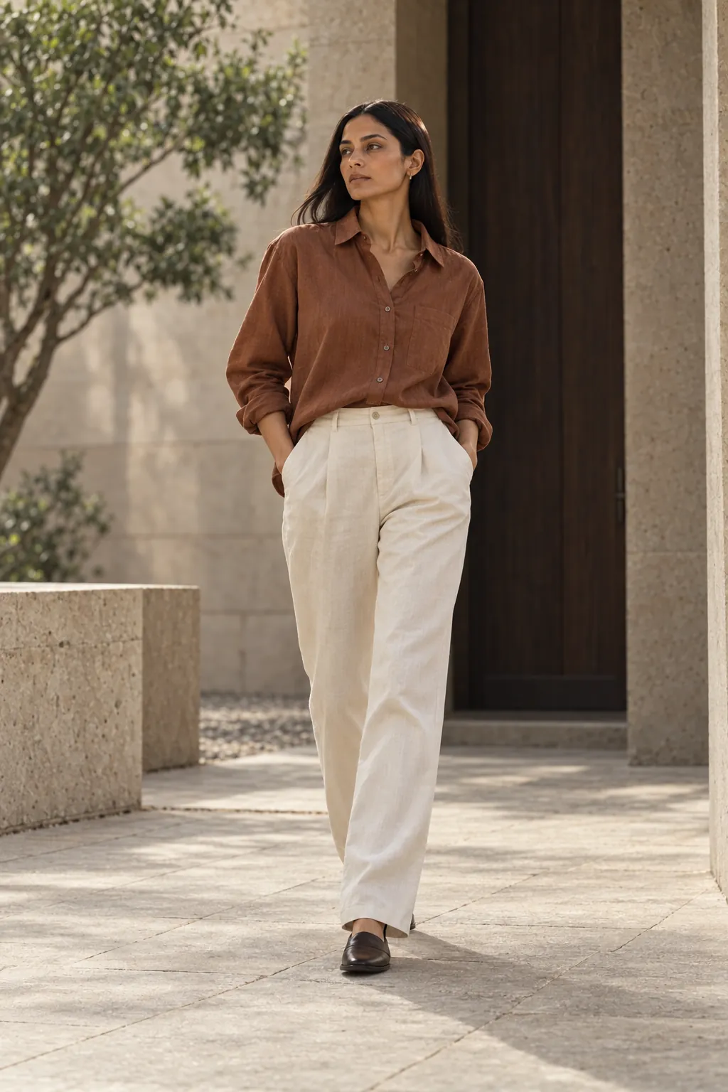 Adult female campaign model in a rust shirt and ivory trousers. AI campaign concept.